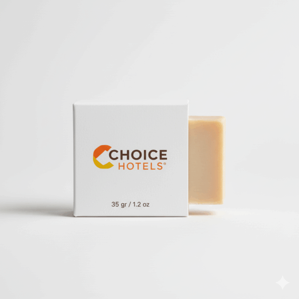 Choice Hotels markasına ait, 35 gramlık, beyaz kutu içinde sunulan otel sabunu.