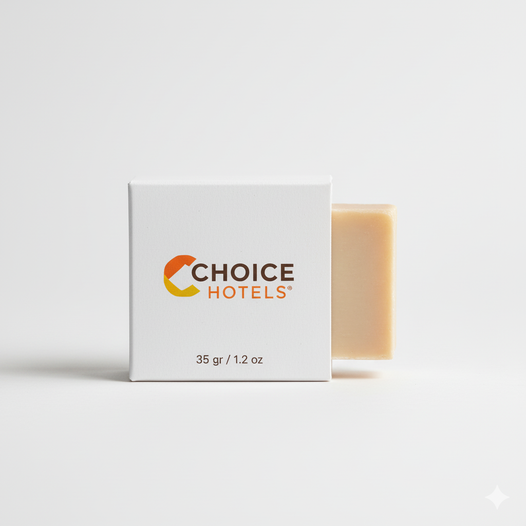 choice-otel-sabunu Choice Hotels markasına ait, 35 gramlık, beyaz kutu içinde sunulan otel sabunu.