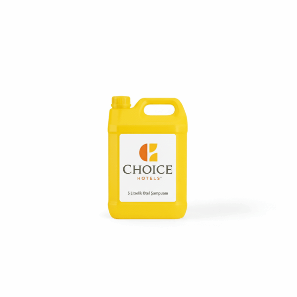 beyaz arka plan üzerinde Choice Hotels logosu ve '5 Litrelik Otel Şampuanı' yazısı bulunan sarı renkli profesyonel şampuan bidonu.