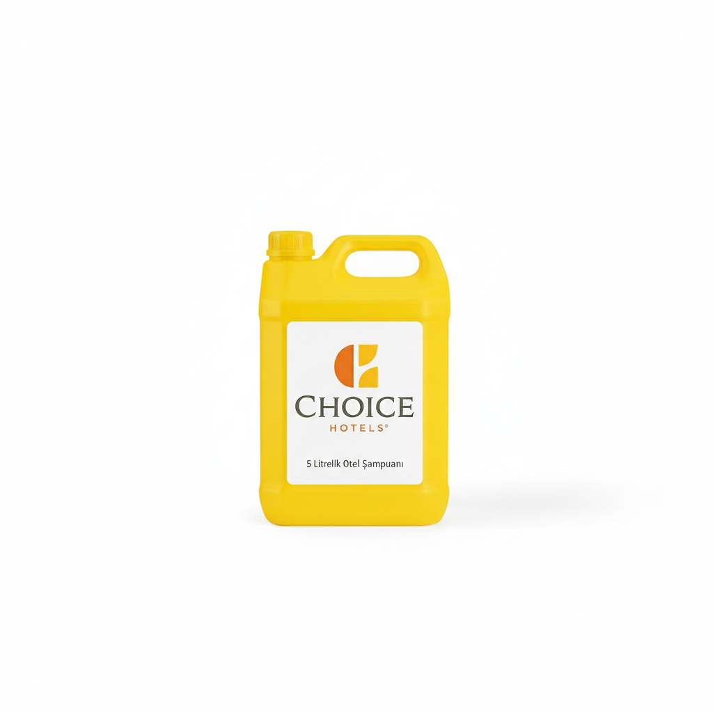 choice-otel-sampuani beyaz arka plan üzerinde Choice Hotels logosu ve '5 Litrelik Otel Şampuanı' yazısı bulunan sarı renkli profesyonel şampuan bidonu.