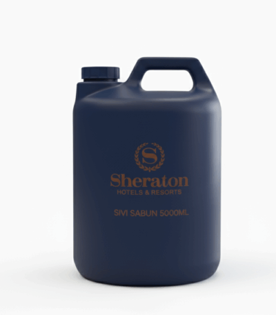Sheraton Hotels & Resorts markasına ait, 5000ml hacimli koyu mavi renkli otel sıvı sabunu bidonu.