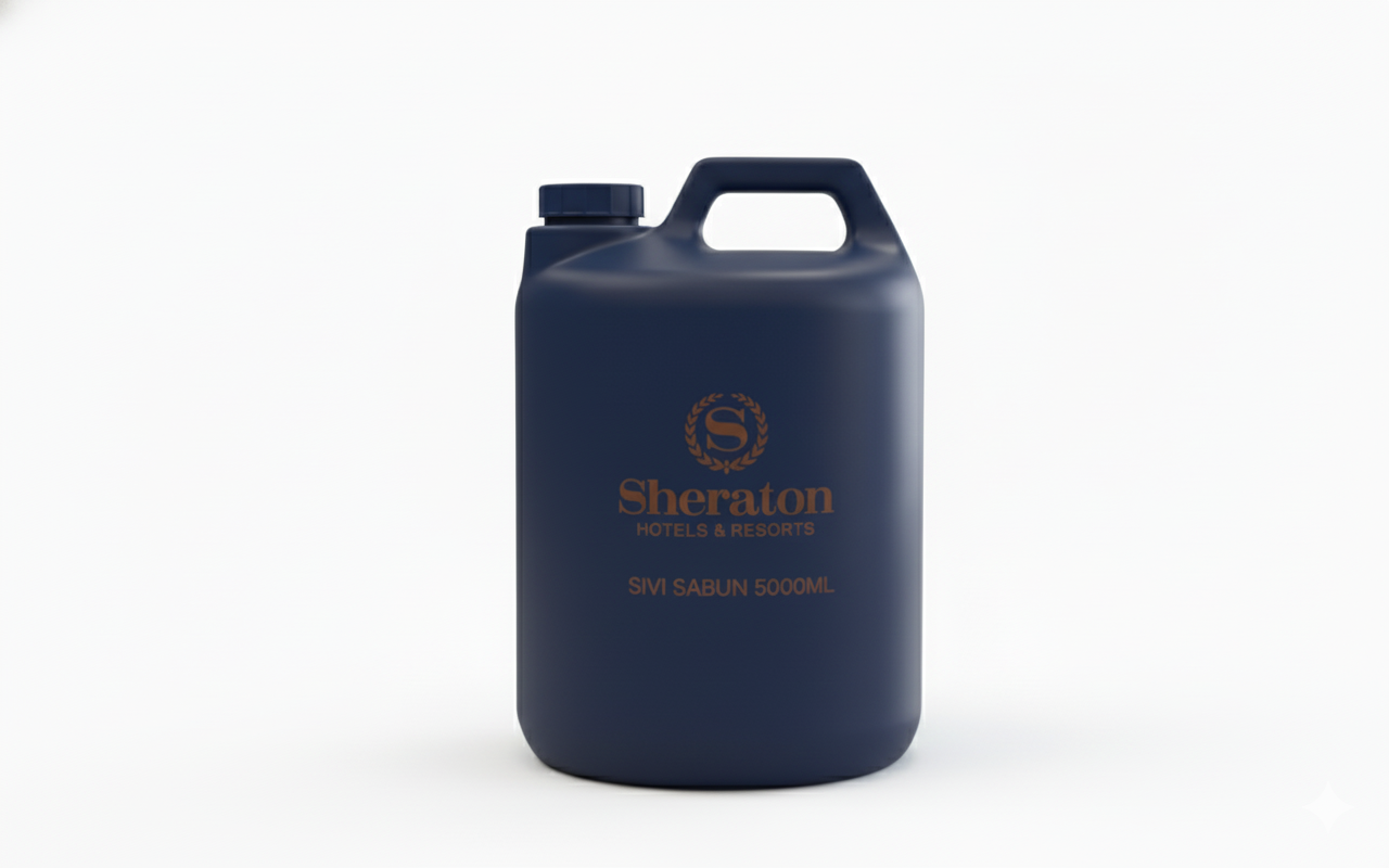 sheraton-sivi-sabun Sheraton Hotels & Resorts markasına ait, 5000ml hacimli koyu mavi renkli otel sıvı sabunu bidonu.