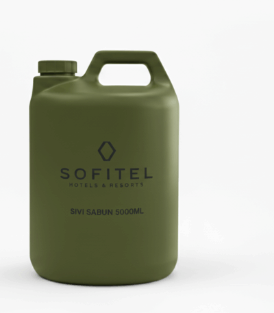 Sofitel Hotels & Resorts markasına ait, 5000ml hacimli koyu haki yeşil renkli otel sıvı sabunu bidonu.