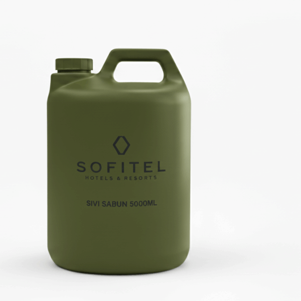 Sofitel Hotels & Resorts markasına ait, 5000ml hacimli koyu haki yeşil renkli otel sıvı sabunu bidonu.