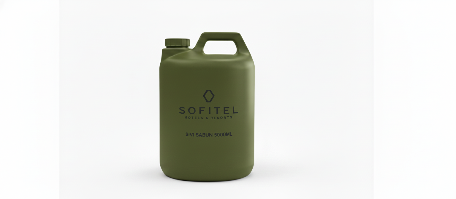sofitel-sivi-sabun Sofitel Hotels & Resorts markasına ait, 5000ml hacimli koyu haki yeşil renkli otel sıvı sabunu bidonu.
